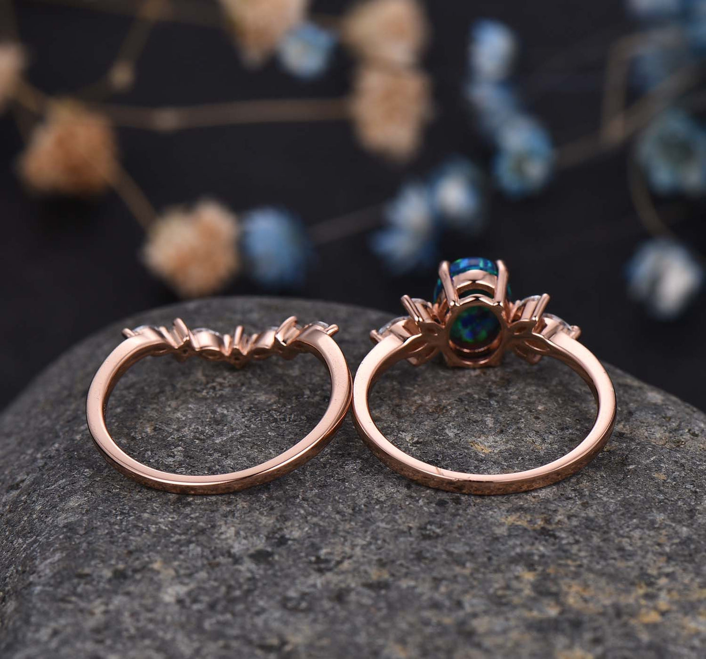 Blue Opal Engagement Ring Set Women Stacking Matching Band Diamond/Moissanite Eternity Ring Unique Vintage Floral Design Promise Gift