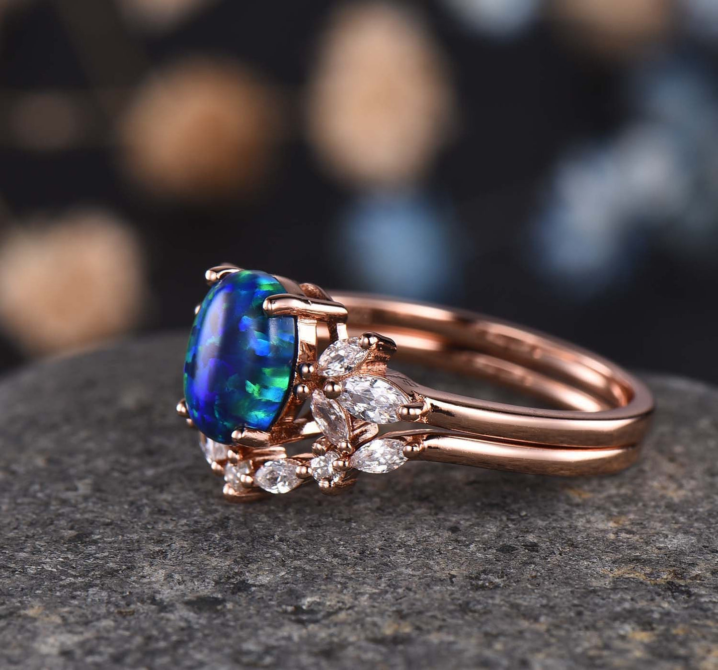 Blue Opal Engagement Ring Set Women Stacking Matching Band Diamond/Moissanite Eternity Ring Unique Vintage Floral Design Promise Gift