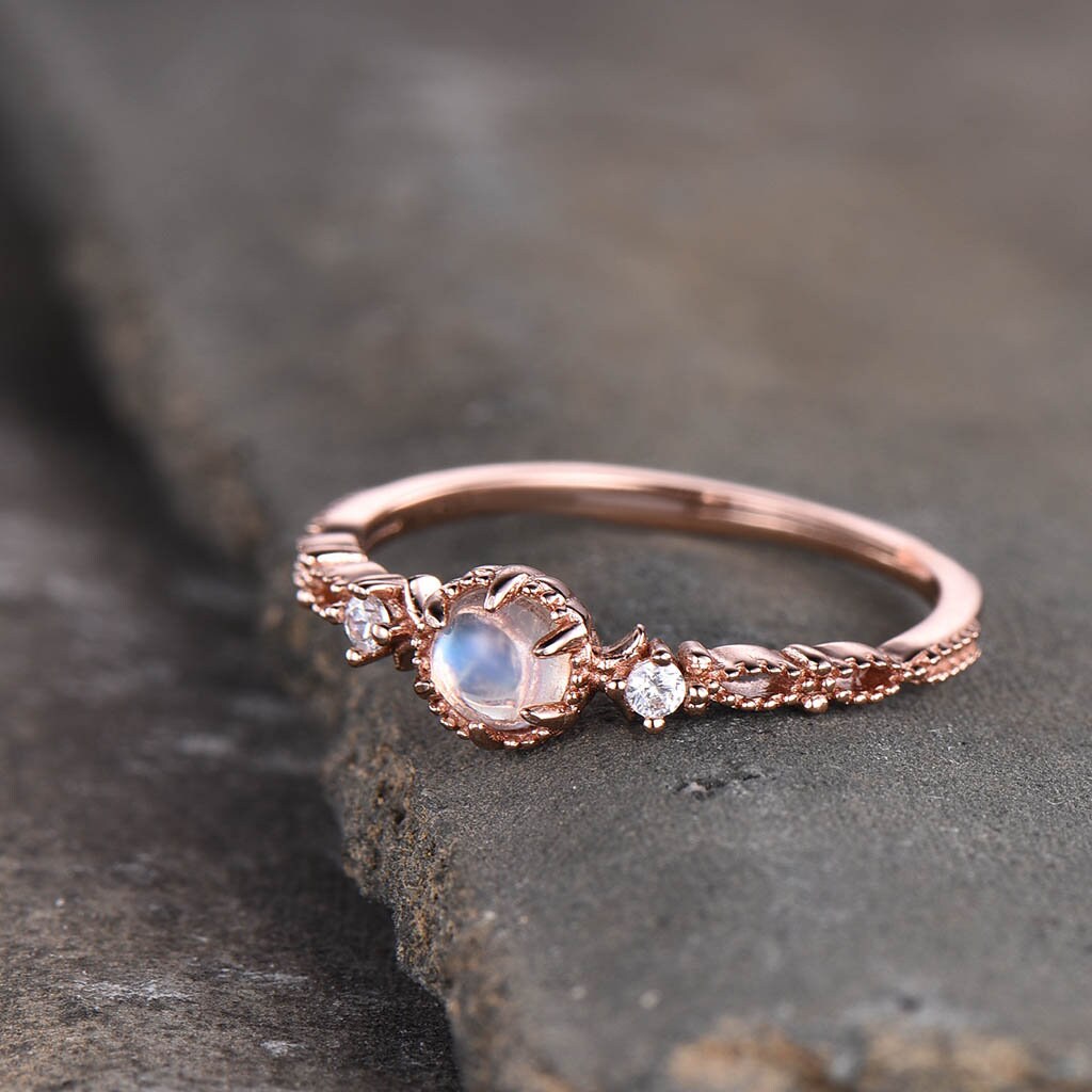 Dainty Moonstone Ring, Rainbow Moonstone Wedding Ring, Rose Gold Engagement Ring, Art Deco Ring, Minimalist Ring, Promise Ring