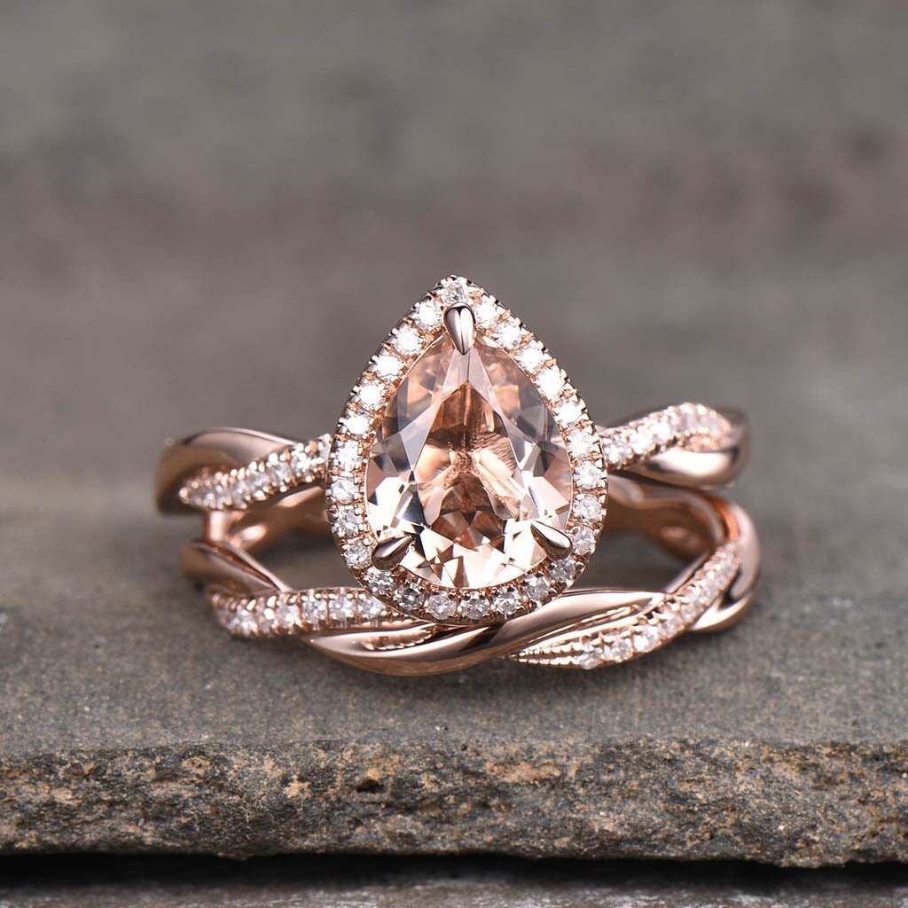 Vintage Morganite Engagement Ring Set Teardrop Morganite Ring Twist Wedding Band Engagement Ring Promise Ring Bridal Set Rose Gold