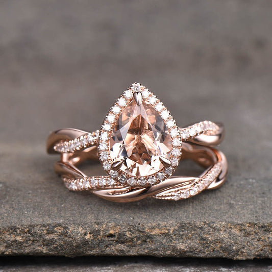 Vintage Morganite Engagement Ring Set Teardrop Morganite Ring Twist Wedding Band Engagement Ring Promise Ring Bridal Set Rose Gold