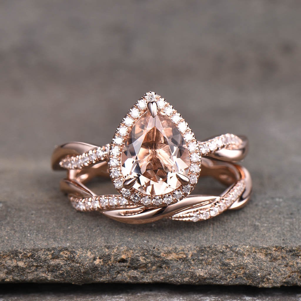Vintage Morganite Engagement Ring Set Teardrop Morganite Ring Twist Wedding Band Engagement Ring Promise Ring Bridal Set Rose Gold