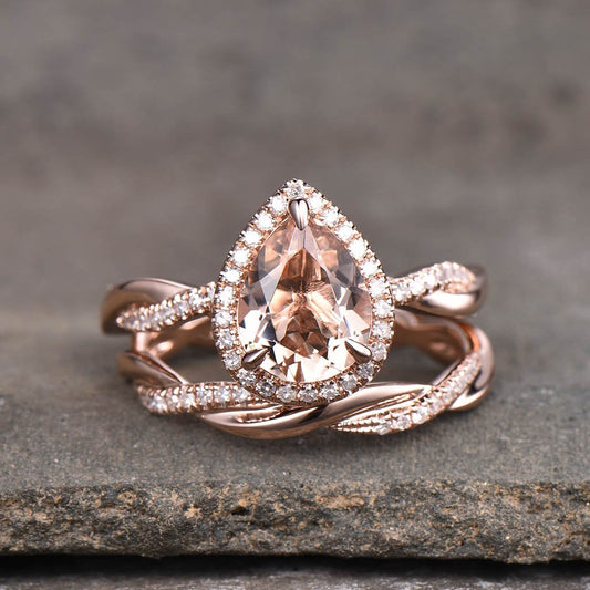 Vintage Morganite Engagement Ring Set Teardrop Morganite Ring Twist Wedding Band Engagement Ring Promise Ring Bridal Set Rose Gold