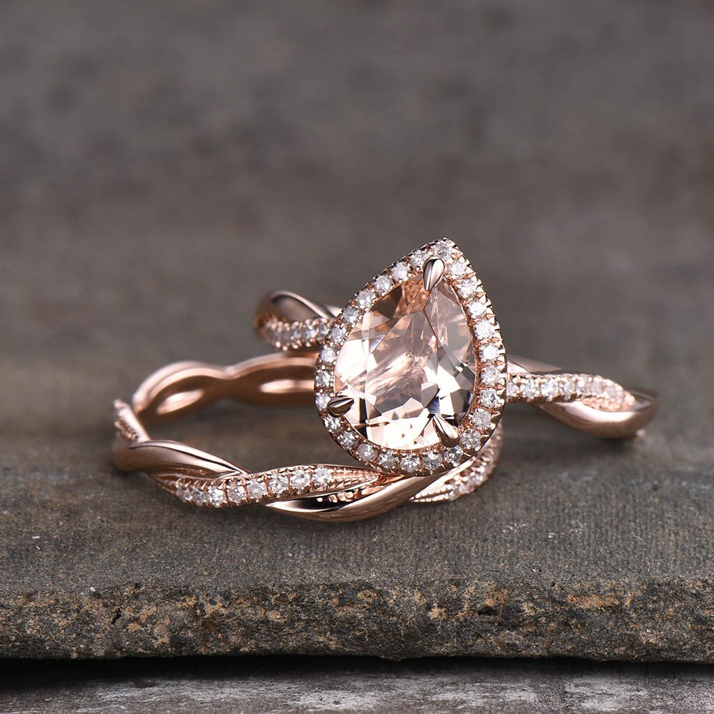 Vintage Morganite Engagement Ring Set Teardrop Morganite Ring Twist Wedding Band Engagement Ring Promise Ring Bridal Set Rose Gold