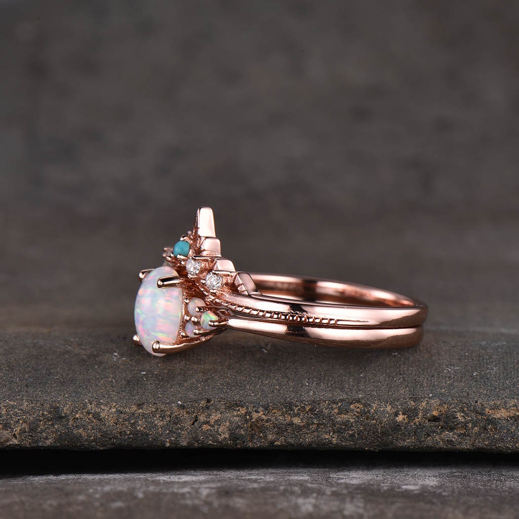 Opal Ring, Oval White Fire Opal Engagement Ring, Vintage Bridal Set Rose Gold, Promise Ring, Anniversary Birthday Gift for Her
