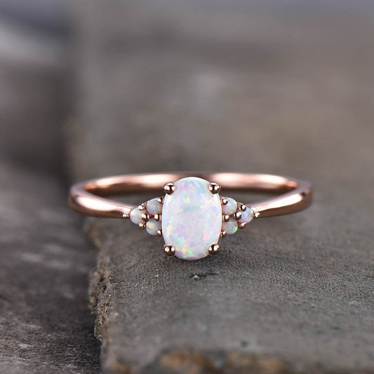 White Fire Opal Ring, Opal Engagement Ring, Dainty Cluster Ring, Rose Gold Opal Ring, Wedding Ring, Promise Ring, October Birthstone