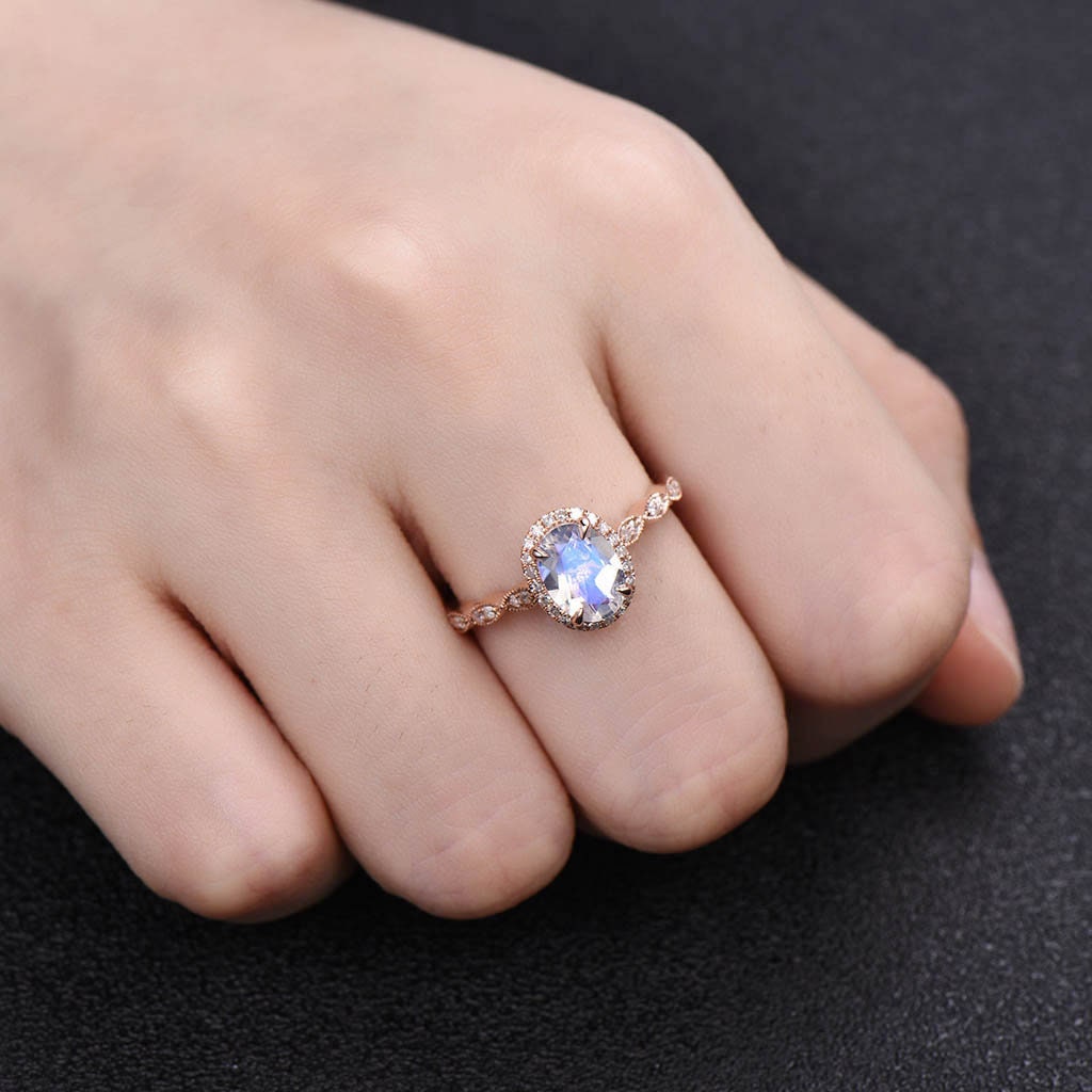 Moonstone Ring, Art Deco Moonstone Engagement Ring, Blue Gemstone Ring, Rose Gold Wedding Ring, Promise Ring, Anniversary Gift for Her