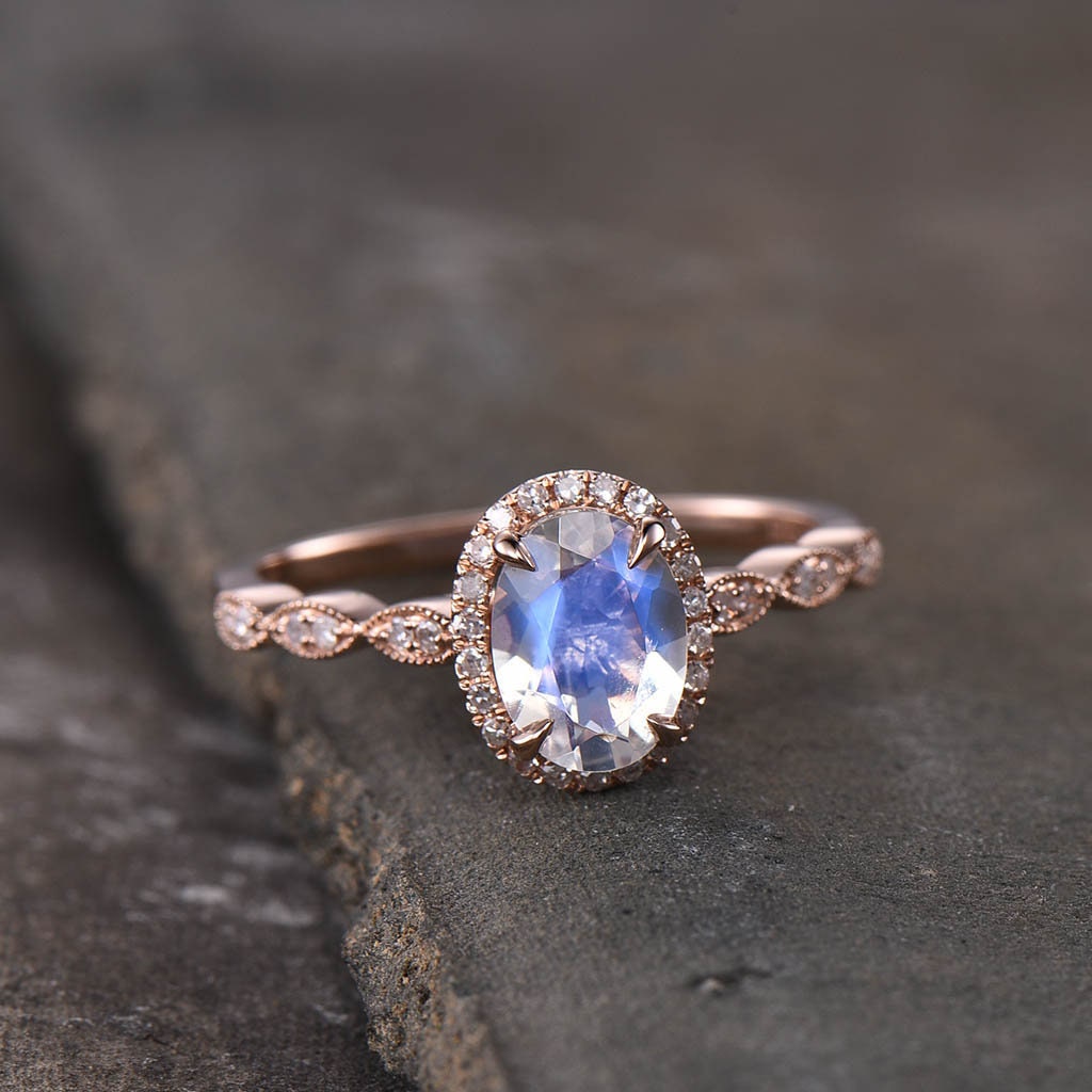 Moonstone Ring, Art Deco Moonstone Engagement Ring, Blue Gemstone Ring, Rose Gold Wedding Ring, Promise Ring, Anniversary Gift for Her
