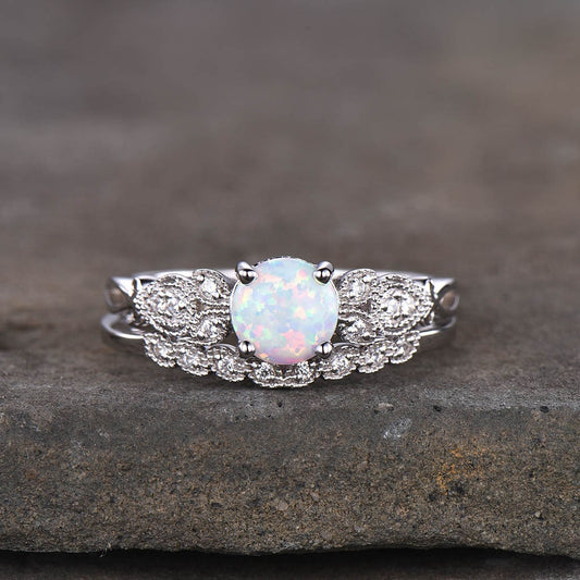 Antique Opal Wedding Ring Set/White Fire Opal Engagement Ring/October Birthstone Ring/Art deco Stacking Band/Wedding Ring/Promise Ring