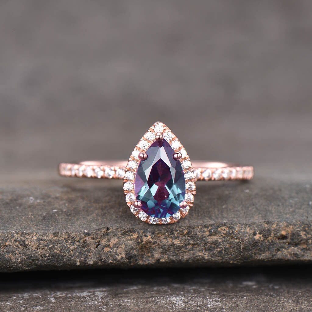Alexandrite Ring, Dainty Ring, Pear Cut Alexandrite Engagement Ring, Halo Ring, June Birthstone Ring, Promise Ring, Gift For Her