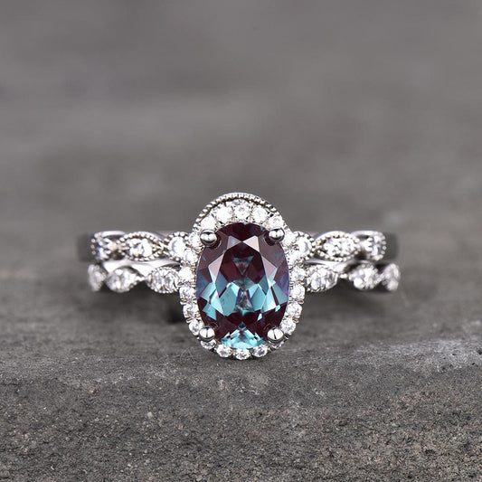 Oval Alexandrite Ring, Sterling Silver Ring, Alexandrite Wedding Ring Set, Engagement Ring, Promise Ring, Color Changing Stone, Gift for Her