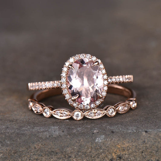 Rose Gold Morganite Bridal Set Oval Peach Morganite Engagement Ring Art Deco Wedding Band Morganite Wedding Ring Set Promise Ring