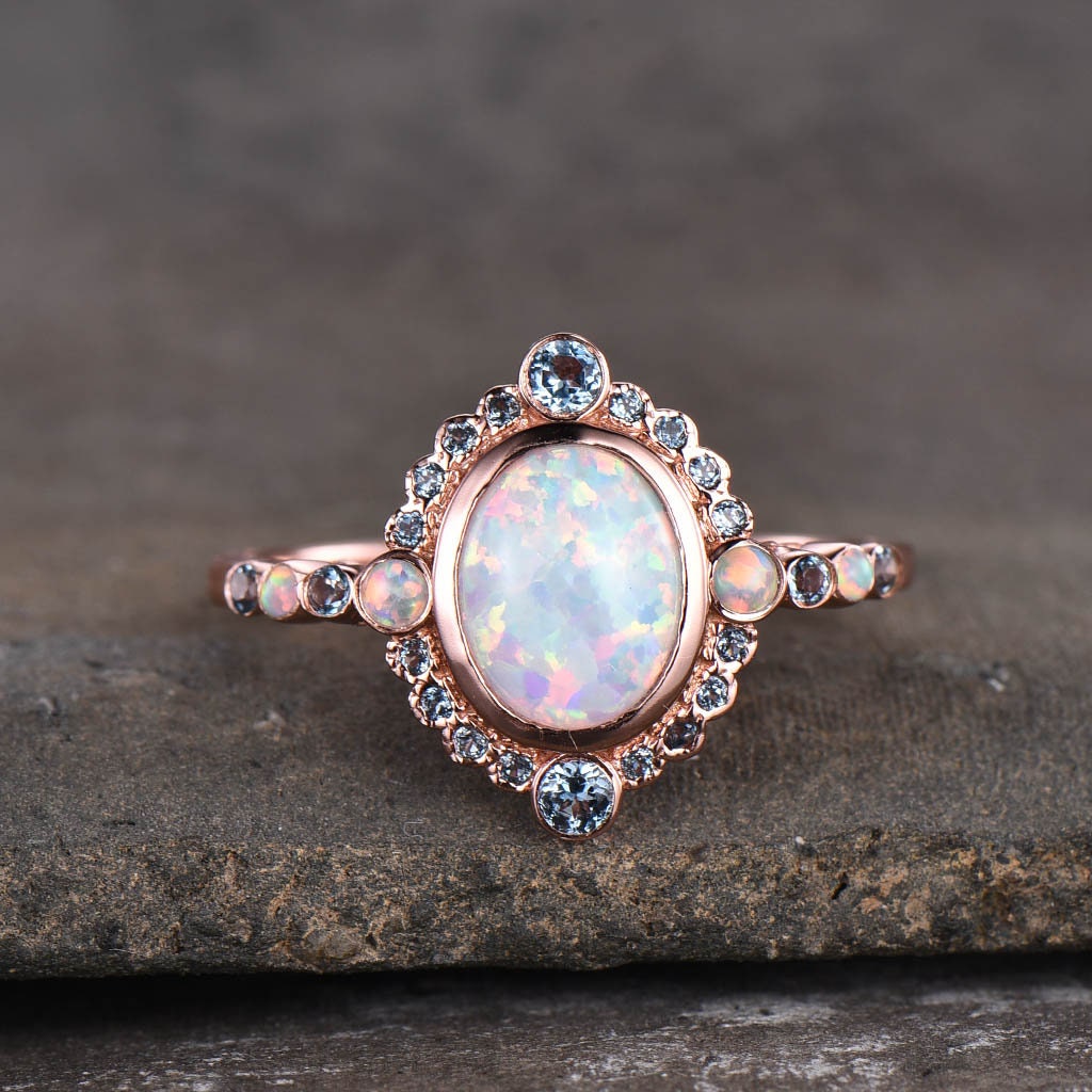 Rose Gold Opal Ring, White Opal Engagement Ring, Vintage Opal Ring, Blue Topaz Halo Ring, October Birthstone, Promise Ring, Gift for Her