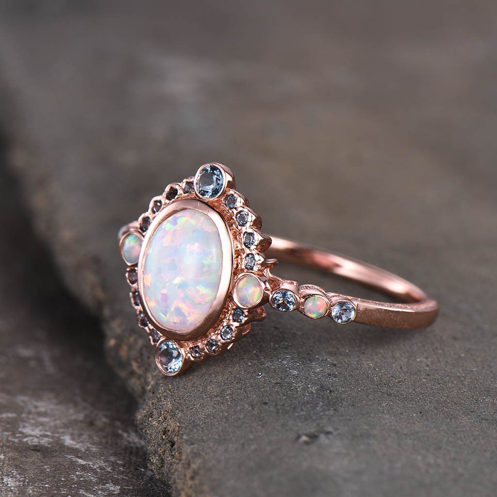 Rose Gold Opal Ring, White Opal Engagement Ring, Vintage Opal Ring, Blue Topaz Halo Ring, October Birthstone, Promise Ring, Gift for Her