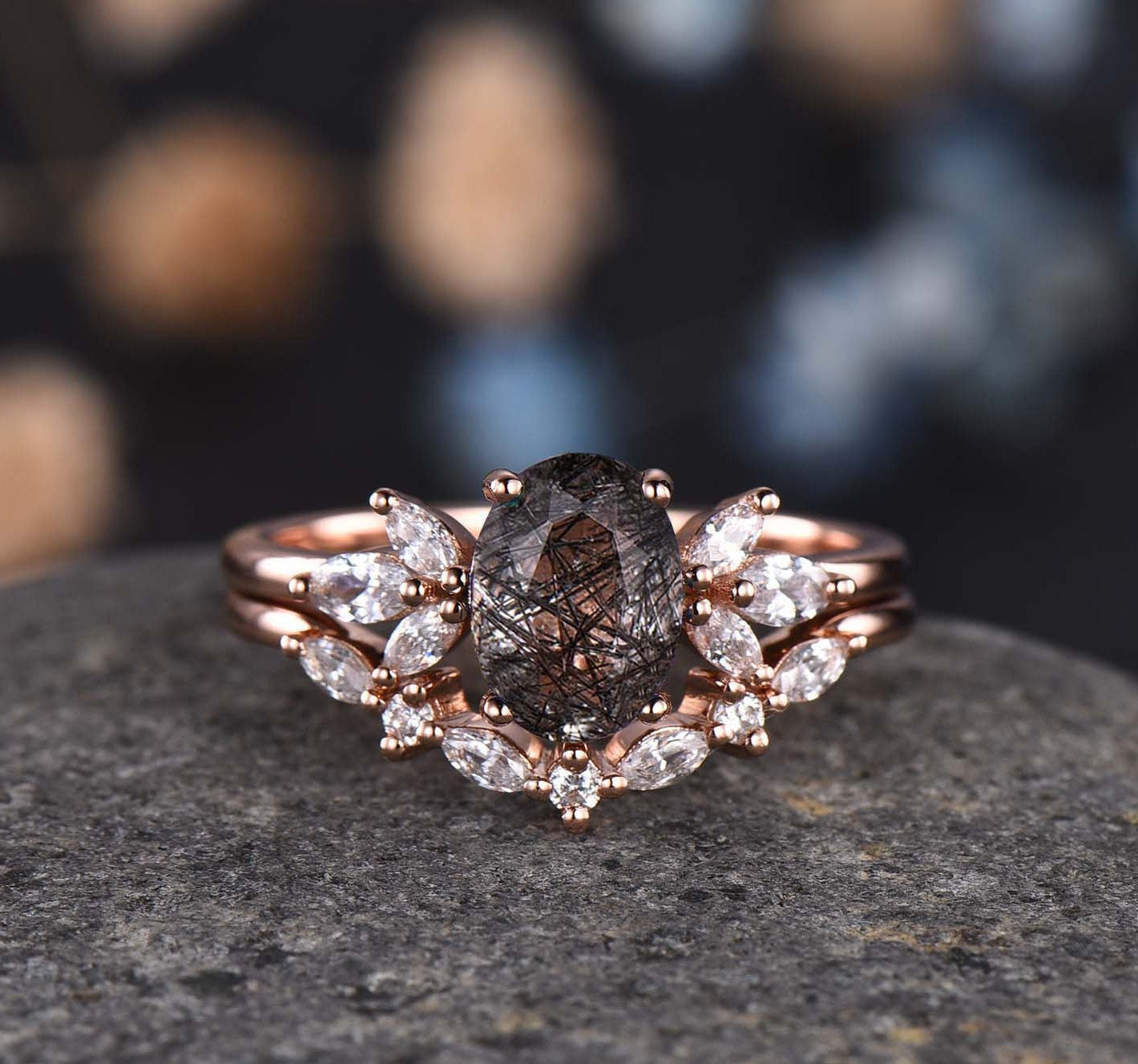 Black Rutilated Quartz Engagement Ring Set Art Deco Ring Women Stacking Diamond Moissanite Matching Band Unique Vintage Floral Jewelry Gold