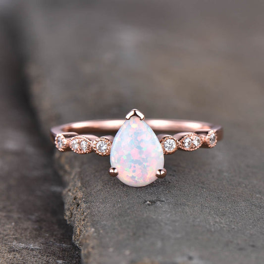 White Opal Ring, Pear Opal Engagement Ring, Art Deco Wedding Ring, October Birthstone, Gemstone Rose Gold Ring, Promise Ring