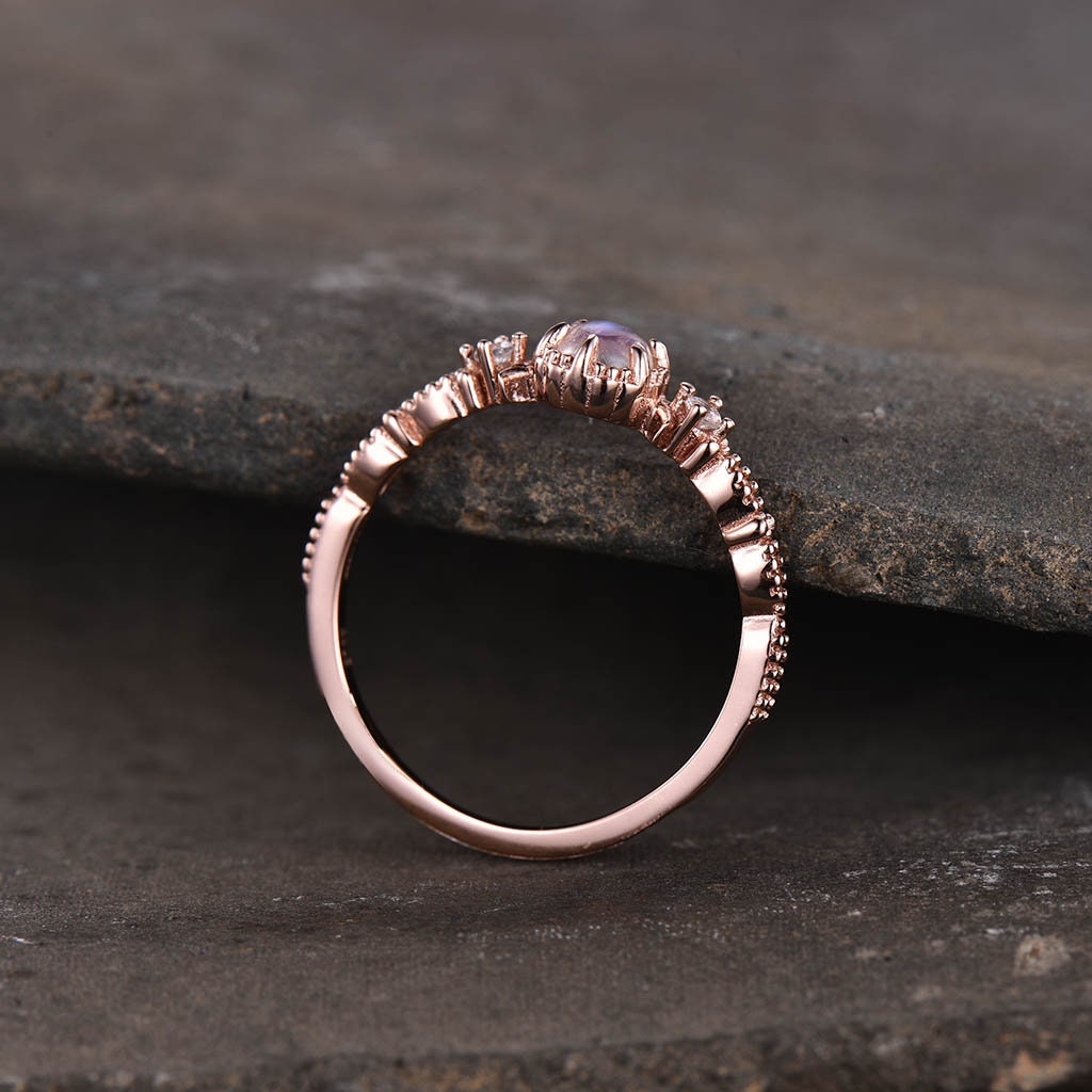 Dainty Moonstone Ring, Rainbow Moonstone Wedding Ring, Rose Gold Engagement Ring, Art Deco Ring, Minimalist Ring, Promise Ring