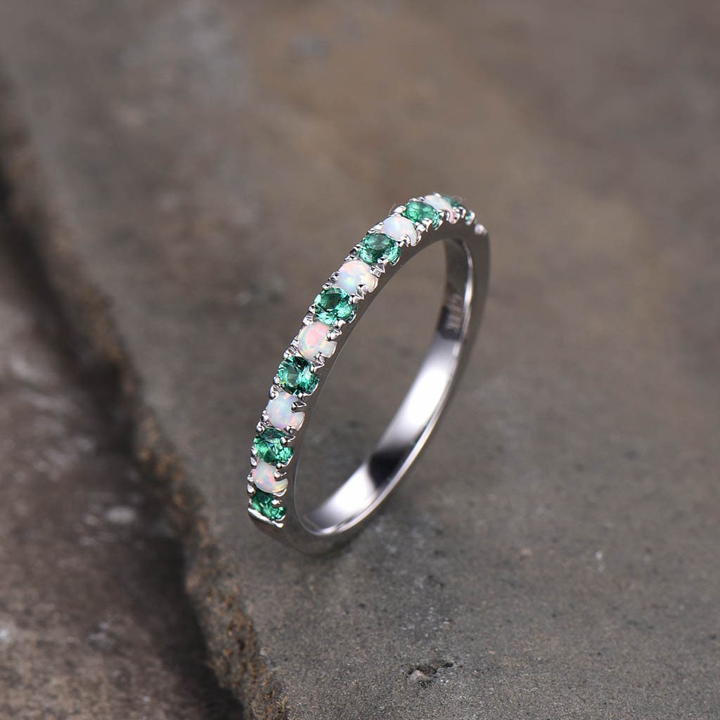Emerald Opal Wedding Band, Half Eternity 2mm Opal Stacking Band, Silver Wedding Ring, Gemstone Band, Birthstone Ring, Anniversary Gift