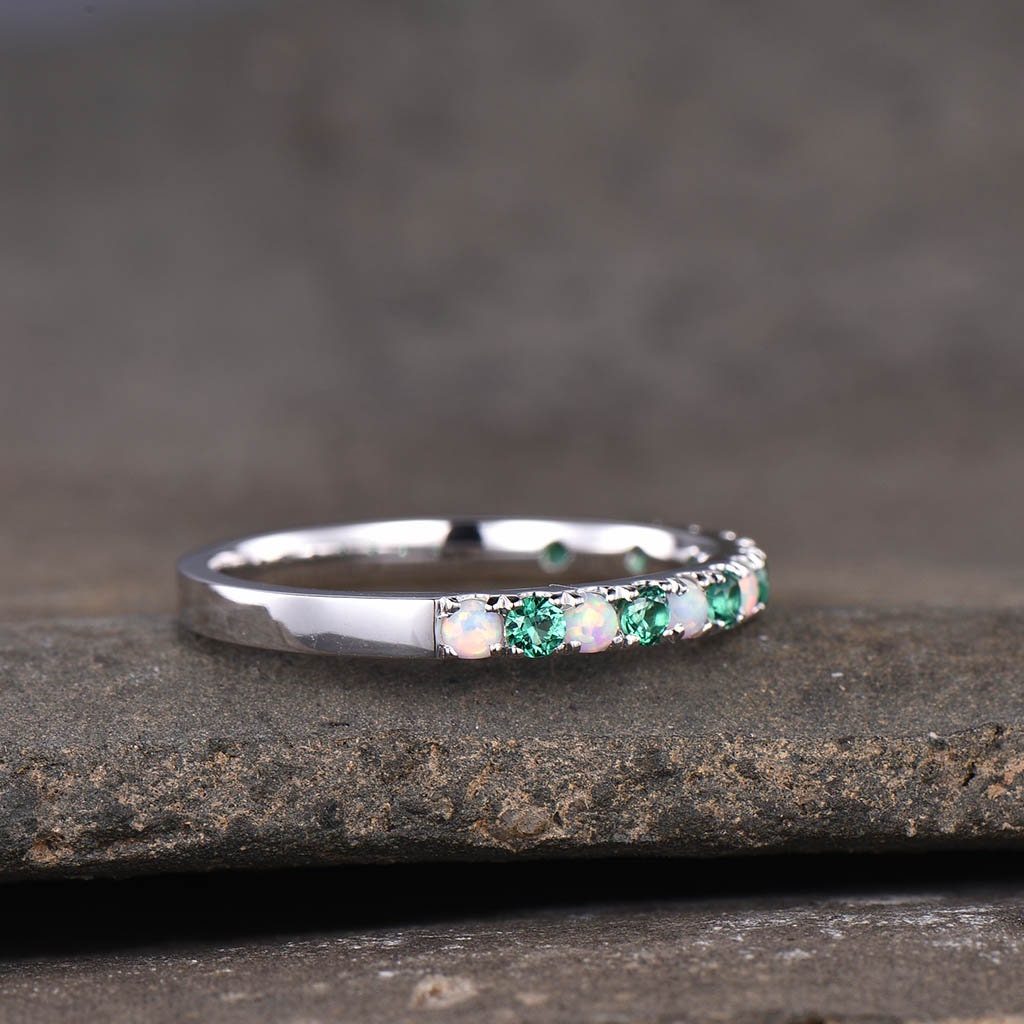 Emerald Opal Wedding Band, Half Eternity 2mm Opal Stacking Band, Silver Wedding Ring, Gemstone Band, Birthstone Ring, Anniversary Gift