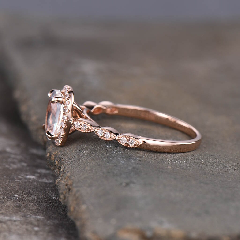 Moonstone Ring, Art Deco Moonstone Engagement Ring, Blue Gemstone Ring, Rose Gold Wedding Ring, Promise Ring, Anniversary Gift for Her