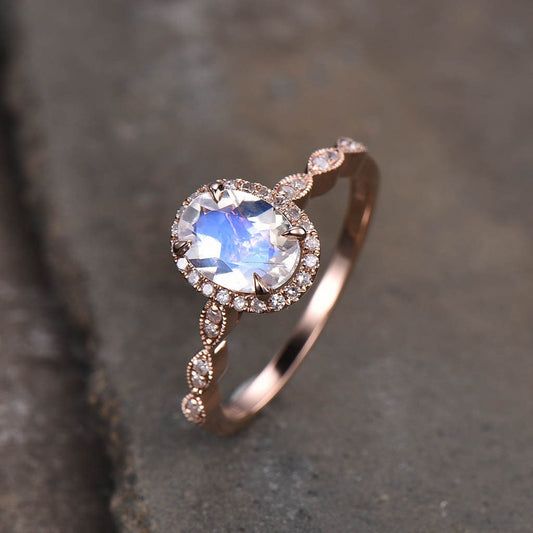Moonstone Ring, Art Deco Moonstone Engagement Ring, Blue Gemstone Ring, Rose Gold Wedding Ring, Promise Ring, Anniversary Gift for Her