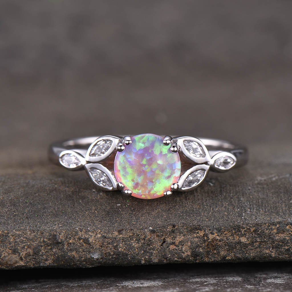 Opal Ring For Women, Pink Fire Opal Ring, Opal Engagement Ring, Rose Gold Opal Ring, Round Ring, Pink Gemstone Ring, Promise Ring