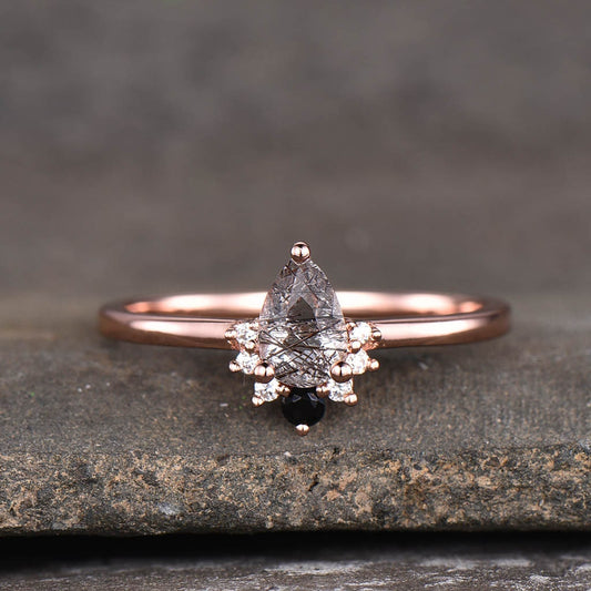 Pear shaped Black Rutilated Quartz Engagement Ring Rose Gold Rings for Women Vintage Ring Dainty Wedding Ring Art Deco Ring Promise Ring