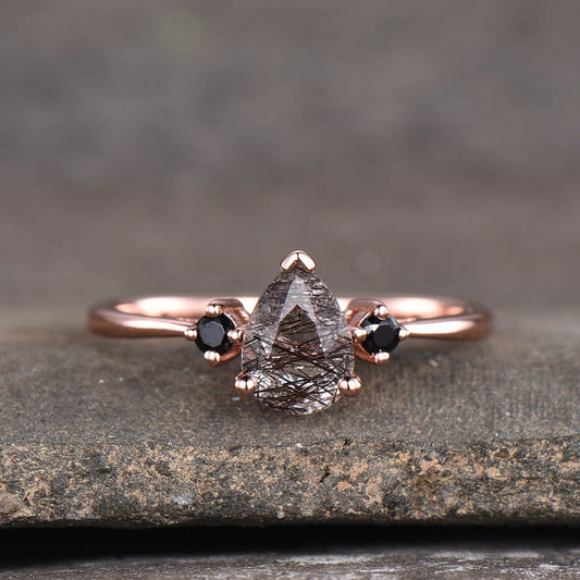 Black Quartz Rutilated Engagement Ring Dainty Rose Gold Ring Black Gemstone Ring Antique Bridal Ring Anniversary Gift Handmade Ring