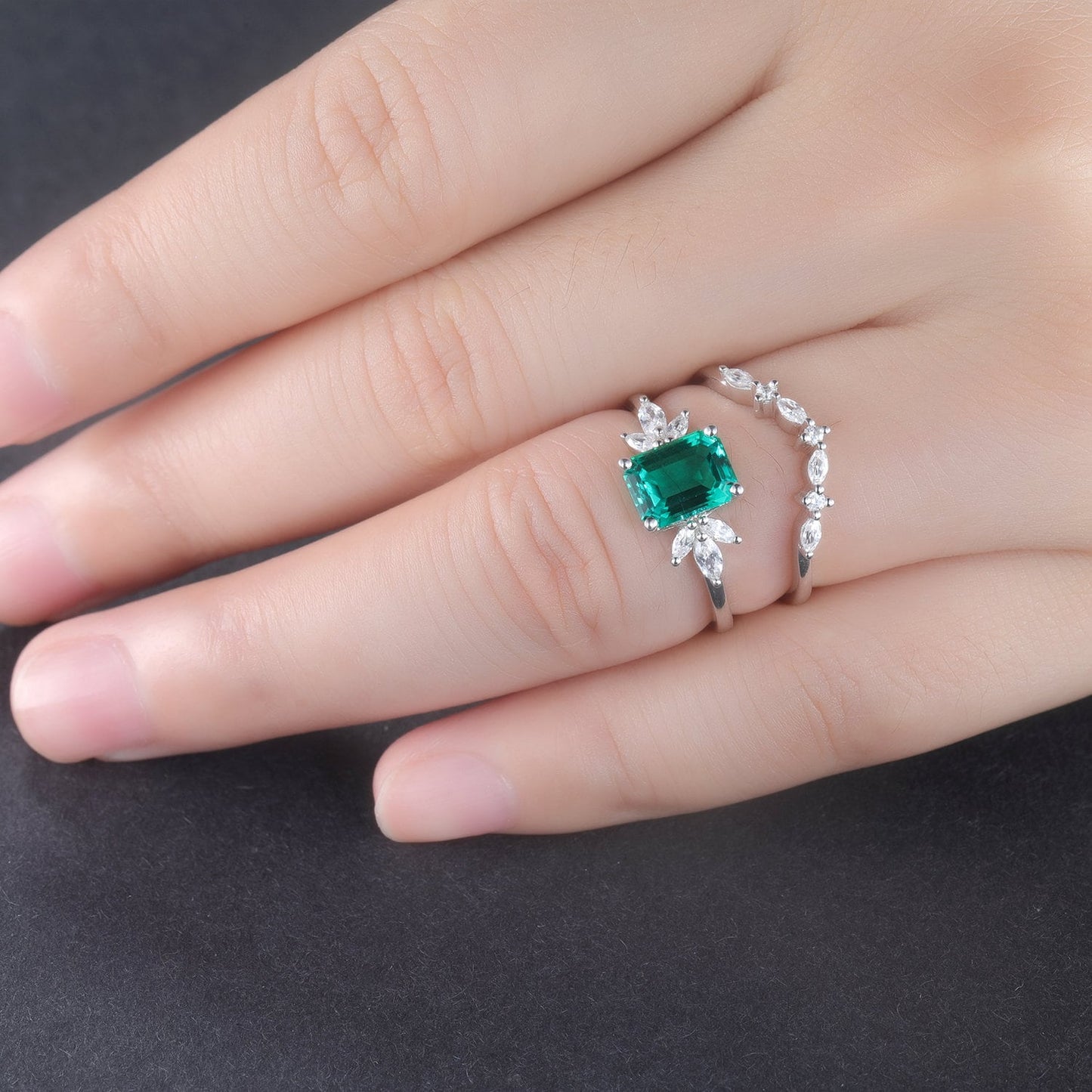 Emerald Engagement Ring Set Moissanite Wedding Band Women White gold Emerald Cut Gemstone Anniversary Promise Gift For Her