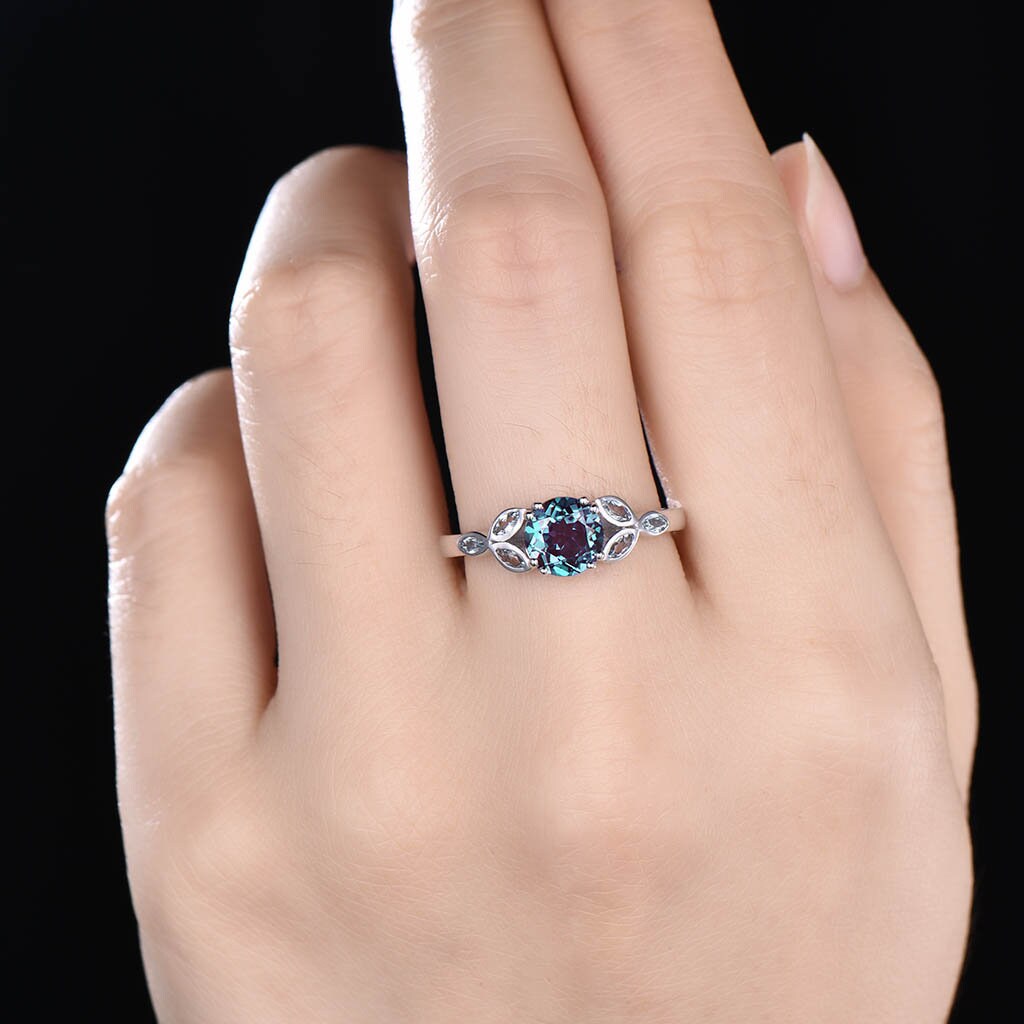 Alexandrite Ring, Sterling Silver Ring, Round Alexandrite Engagement Ring, Marquise Aquamarine Cluster Ring, Promise Ring, June Birthstone