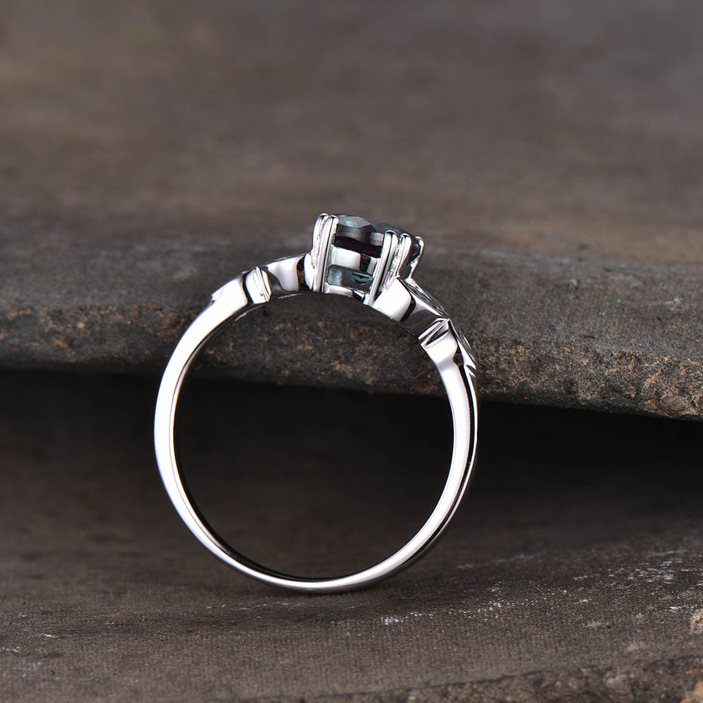 Alexandrite Ring, Sterling Silver Ring, Round Alexandrite Engagement Ring, Marquise Aquamarine Cluster Ring, Promise Ring, June Birthstone