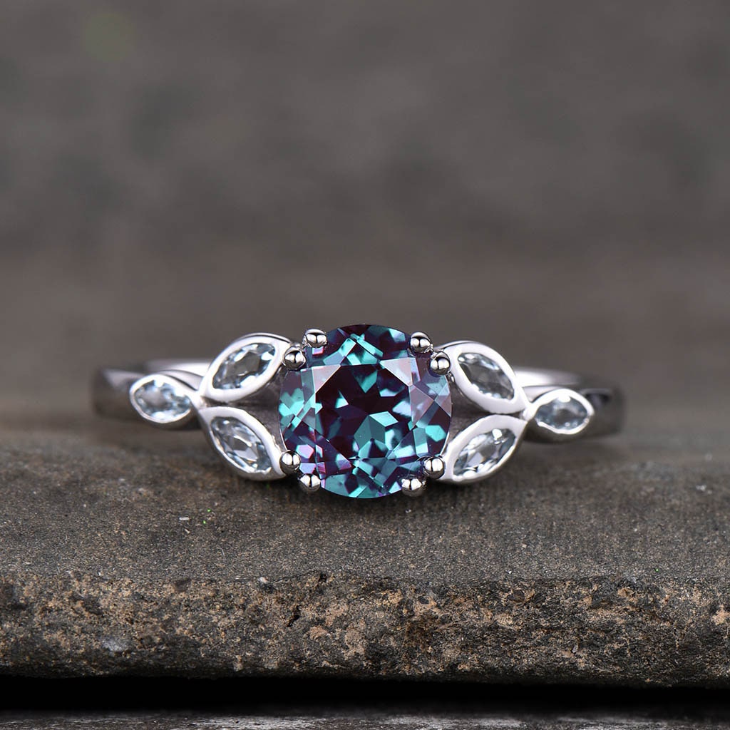 Alexandrite Ring, Sterling Silver Ring, Round Alexandrite Engagement Ring, Marquise Aquamarine Cluster Ring, Promise Ring, June Birthstone