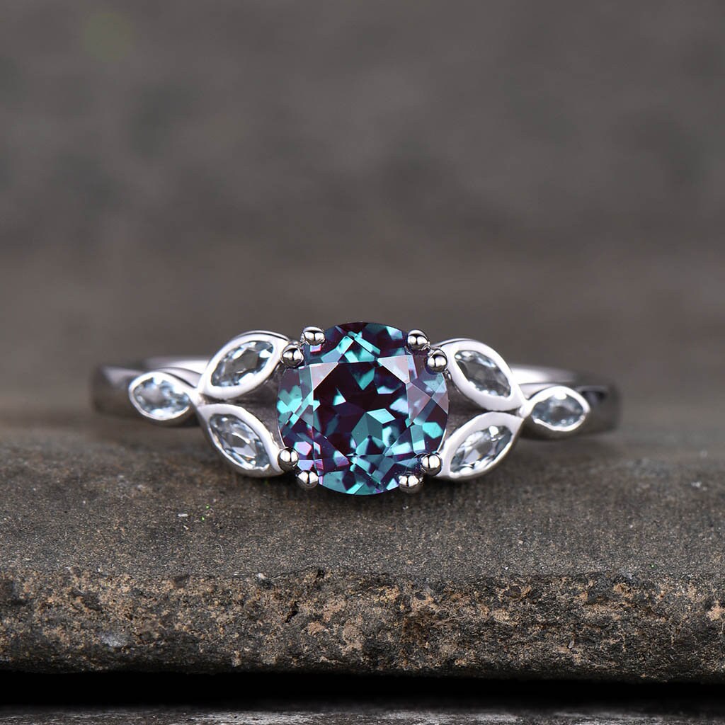 Alexandrite Ring, Sterling Silver Ring, Round Alexandrite Engagement Ring, Marquise Aquamarine Cluster Ring, Promise Ring, June Birthstone