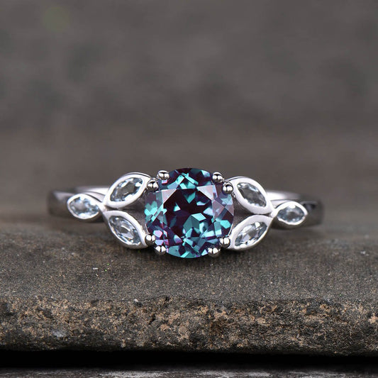 Alexandrite Ring, Sterling Silver Ring, Round Alexandrite Engagement Ring, Marquise Aquamarine Cluster Ring, Promise Ring, June Birthstone