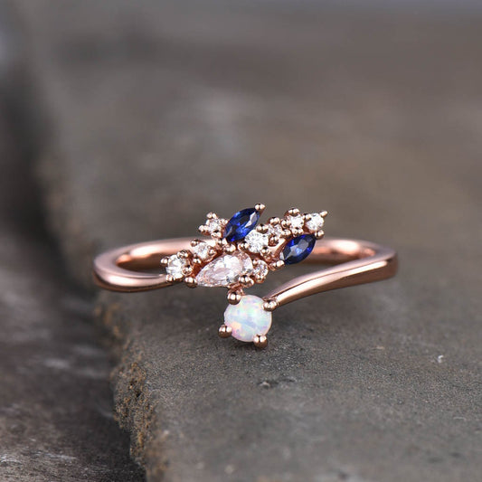 Vintage Wedding Band Rose Gold Opal Wedding Ring Cluster Stone Ring October Birthstone Ring Anniversary Gift for Her