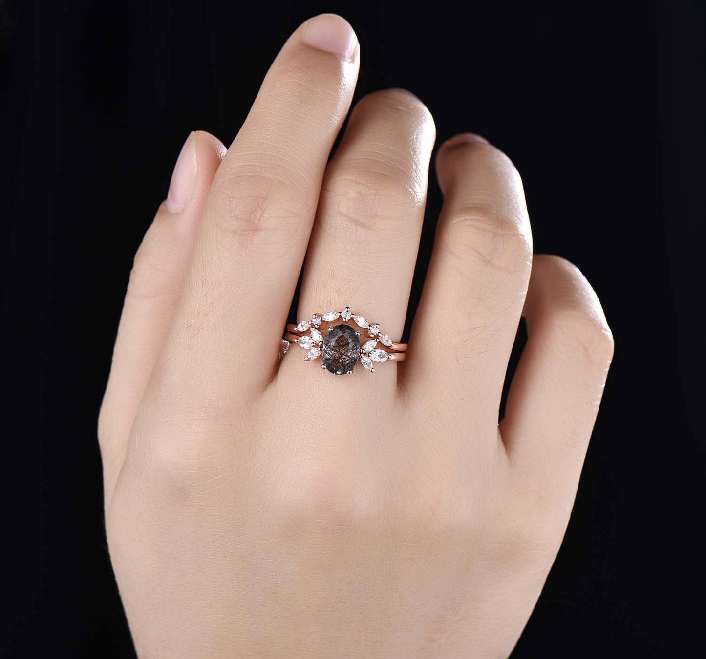 Black Rutilated Quartz Engagement Ring Set Art Deco Ring Women Stacking Diamond Moissanite Matching Band Unique Vintage Floral Jewelry Gold