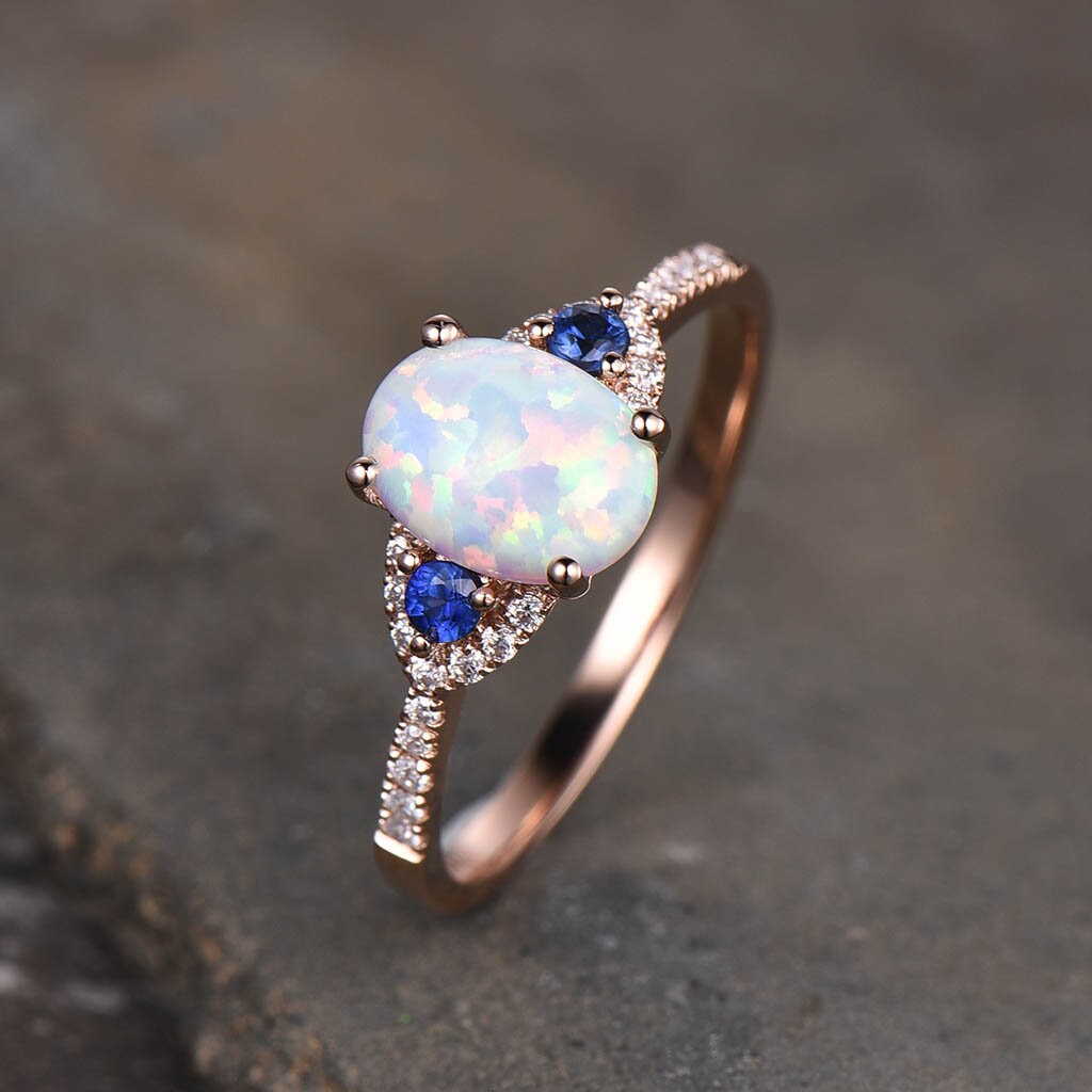White Opal Ring Opal Sapphire Engagement Ring Rose Gold Women Wedding Ring Oval Opal Ring October Birthstone Ring Bridal Anniversary gift