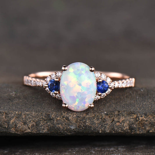 White Opal Ring Opal Sapphire Engagement Ring Rose Gold Women Wedding Ring Oval Opal Ring October Birthstone Ring Bridal Anniversary gift