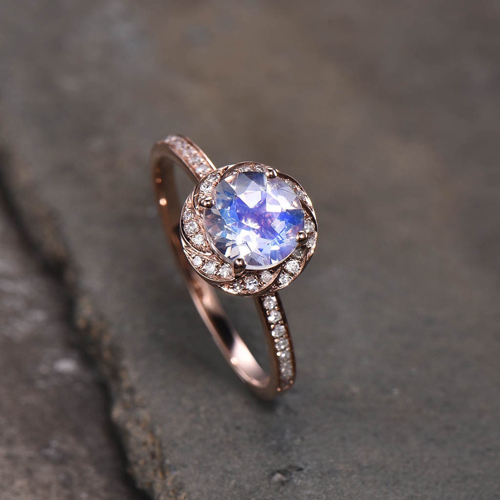 Art Deco Moonstone Ring, Rose Gold Moonstone Ring, Rainbow Moonstone Engagement Ring, Gemstone Ring, Anniversary Gift For Her