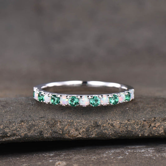 Emerald Opal Wedding Band, Half Eternity 2mm Opal Stacking Band, Silver Wedding Ring, Gemstone Band, Birthstone Ring, Anniversary Gift