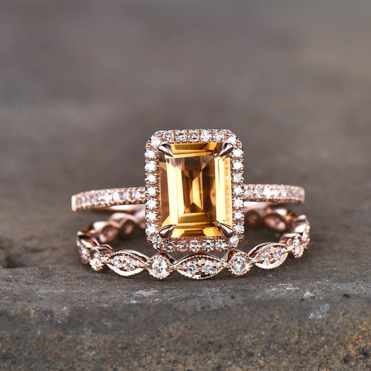 Citrine Ring for Women, November Birthstone, Citrine Wedding Ring Set, Emerald Cut Citrine Gemstone Ring, Eternity Wedding Band, Art Deco