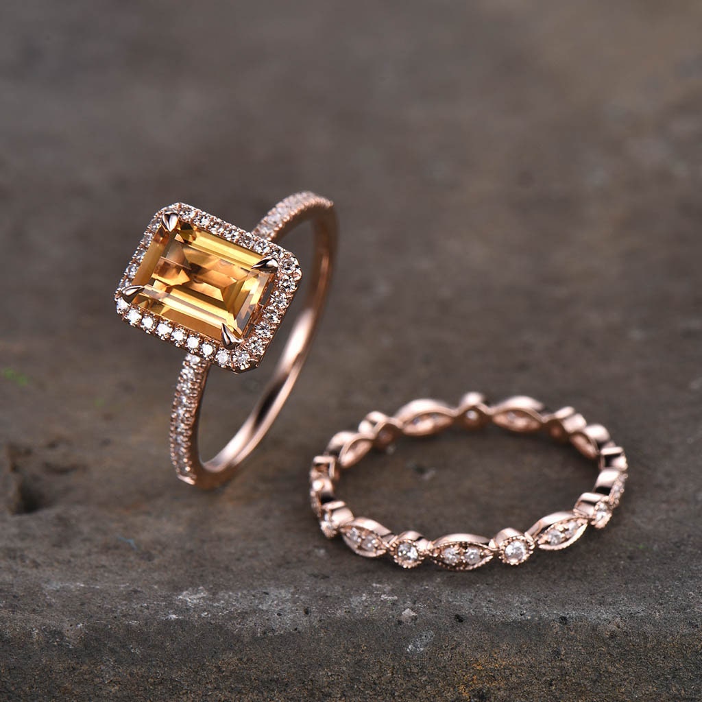 Citrine Ring for Women, November Birthstone, Citrine Wedding Ring Set, Emerald Cut Citrine Gemstone Ring, Eternity Wedding Band, Art Deco
