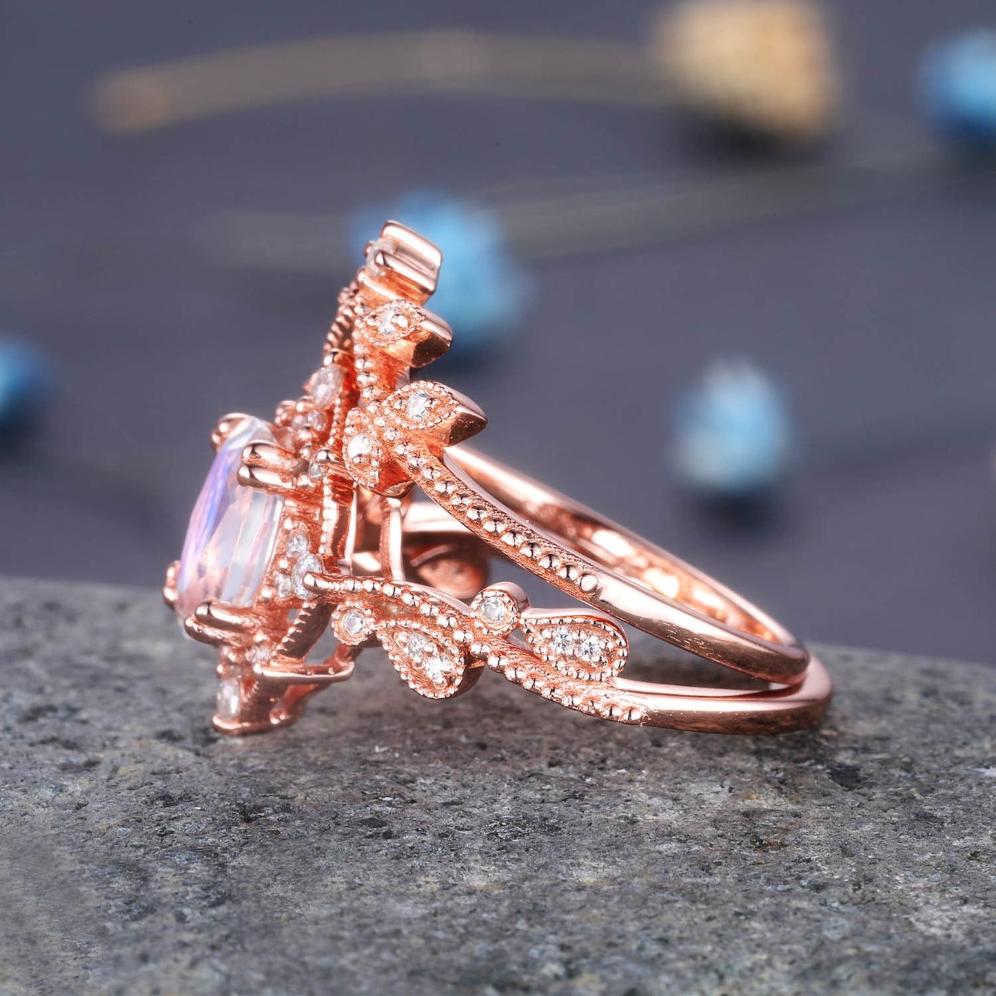 Rose Gold Moonstone Ring Oval Moonstone Engagement Ring Set Diamond Eternity Band Stacking Crown Ring June Birthstone Gift For Her