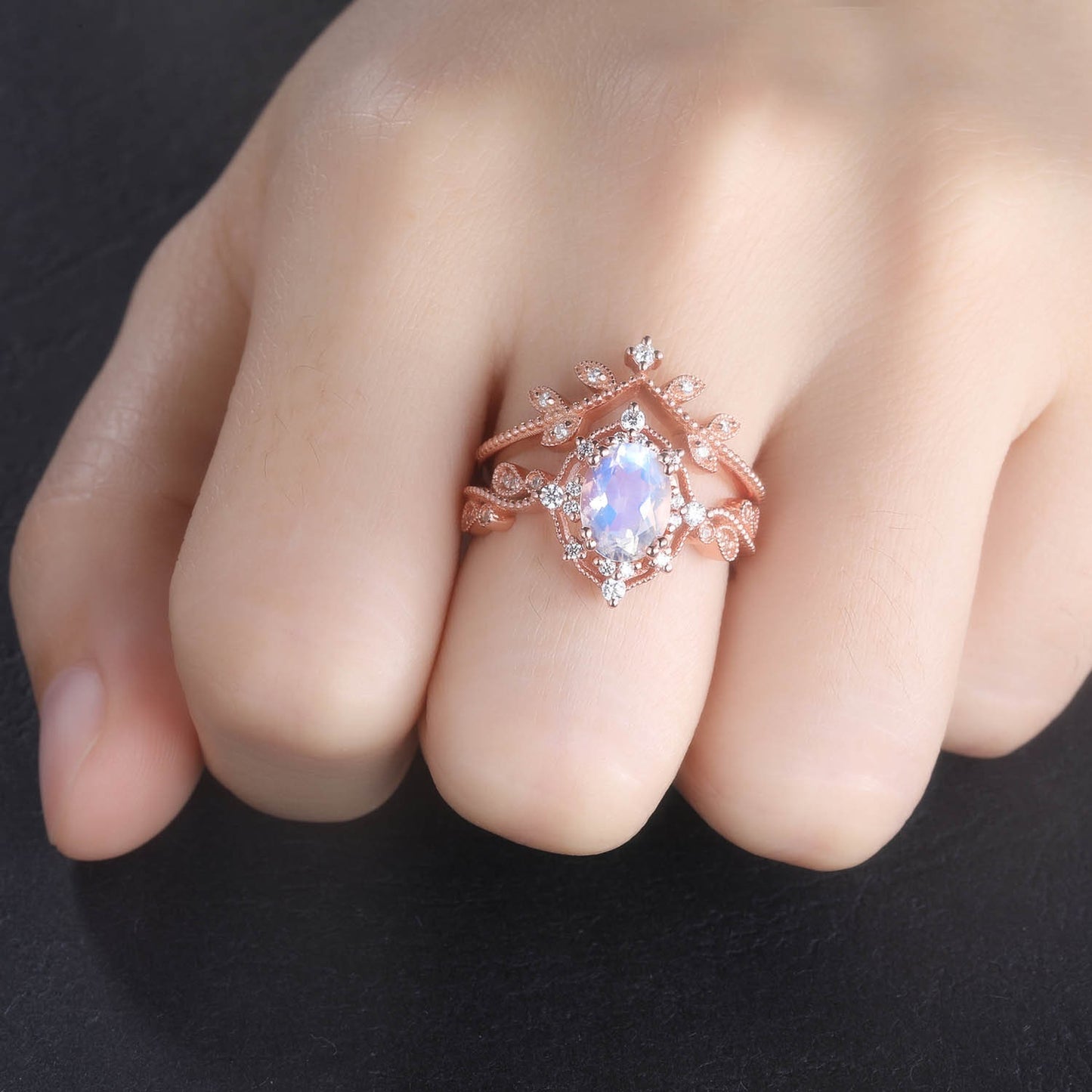 Rose Gold Moonstone Ring Oval Moonstone Engagement Ring Set Diamond Eternity Band Stacking Crown Ring June Birthstone Gift For Her