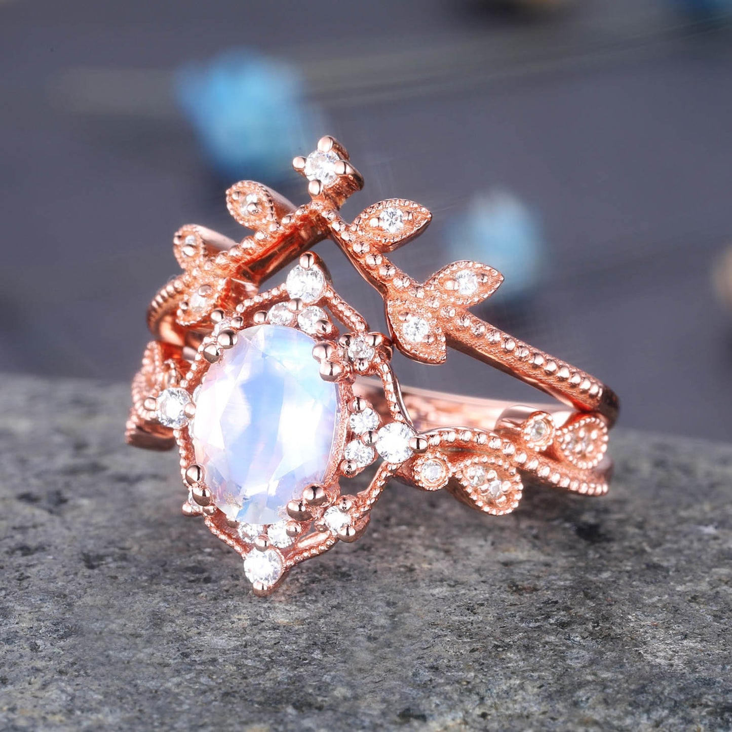 Rose Gold Moonstone Ring Oval Moonstone Engagement Ring Set Diamond Eternity Band Stacking Crown Ring June Birthstone Gift For Her