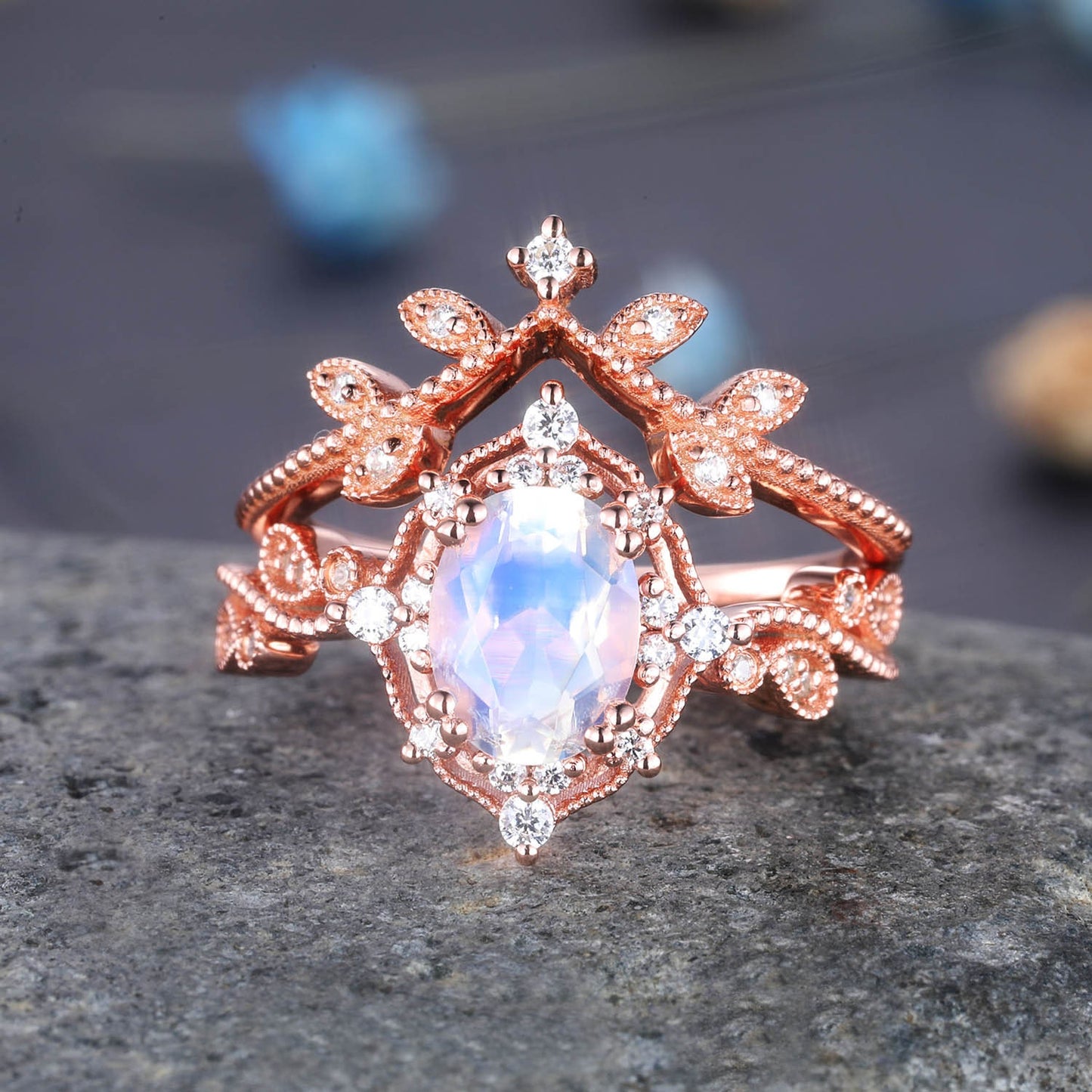 Rose Gold Moonstone Ring Oval Moonstone Engagement Ring Set Diamond Eternity Band Stacking Crown Ring June Birthstone Gift For Her