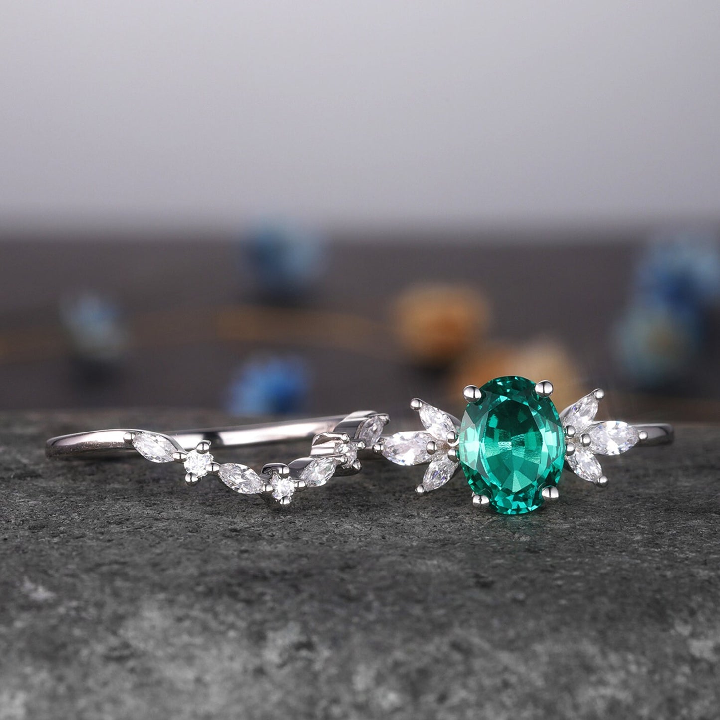 Emerald Wedding Ring Set Emerald Engagement Ring Moissanite Matching Band 6x8mm Oval Cut Emerald Stacking Bridal Set Art Deco Eternity Ring