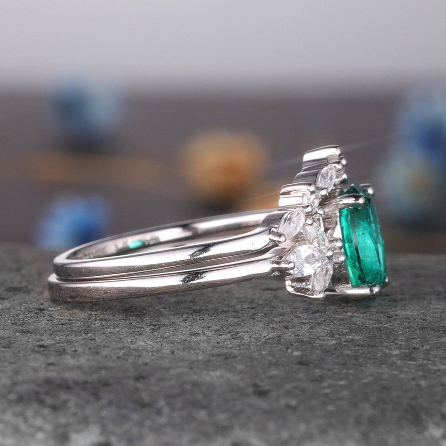 Emerald Wedding Ring Set Emerald Engagement Ring Moissanite Matching Band 6x8mm Oval Cut Emerald Stacking Bridal Set Art Deco Eternity Ring