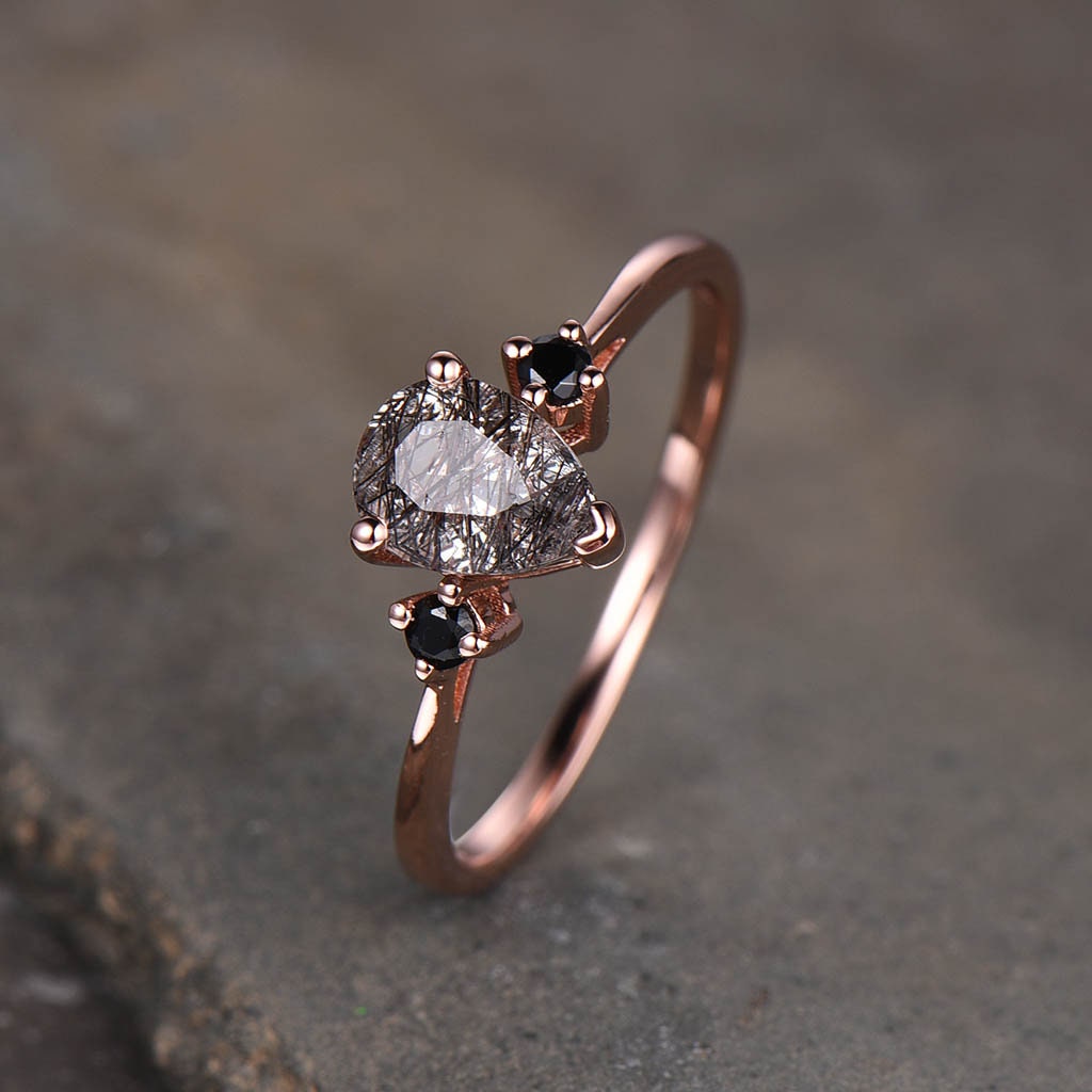 Black Quartz Rutilated Engagement Ring Dainty Rose Gold Ring Black Gemstone Ring Antique Bridal Ring Anniversary Gift Handmade Ring