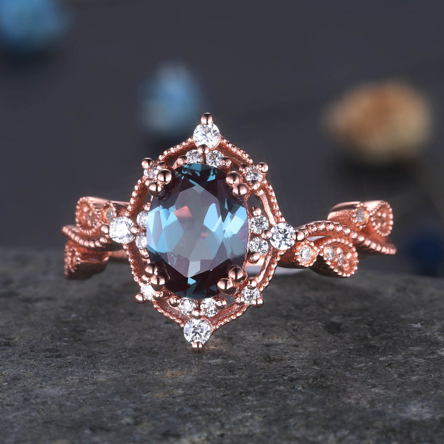 Vintage Alexandrite Engagement Ring Oval Shaped Rose Gold Ring Milgrain Art Deco Halo Diamond Ring Unique Promise Jewelry Gift For Her